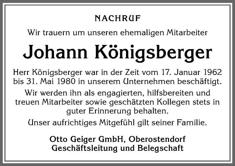 Traueranzeige von Johann Königsberger von Allgäuer Zeitung, Kaufbeuren/Buchloe