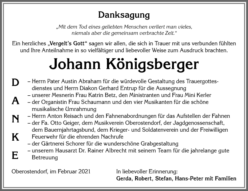 Traueranzeige von Johann Königsberger von Allgäuer Zeitung, Kaufbeuren/Buchloe