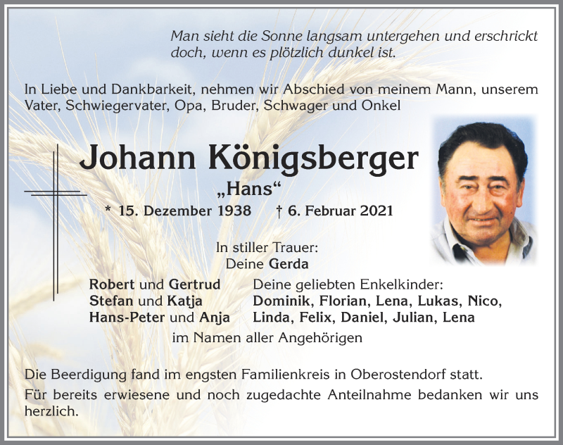 Traueranzeige von Johann Königsberger von Allgäuer Zeitung, Kaufbeuren/Buchloe