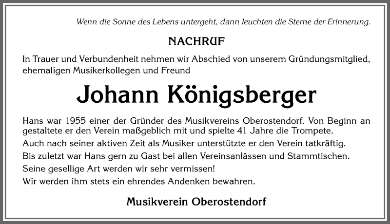 Traueranzeige von Johann Königsberger von Allgäuer Zeitung, Kaufbeuren/Buchloe