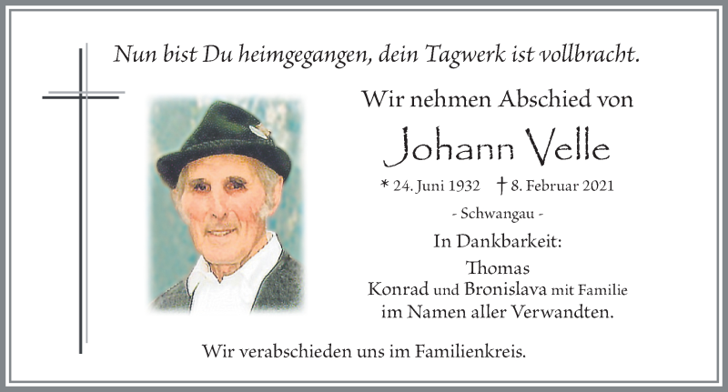 Traueranzeige von Johann Velle von Allgäuer Zeitung, Füssen