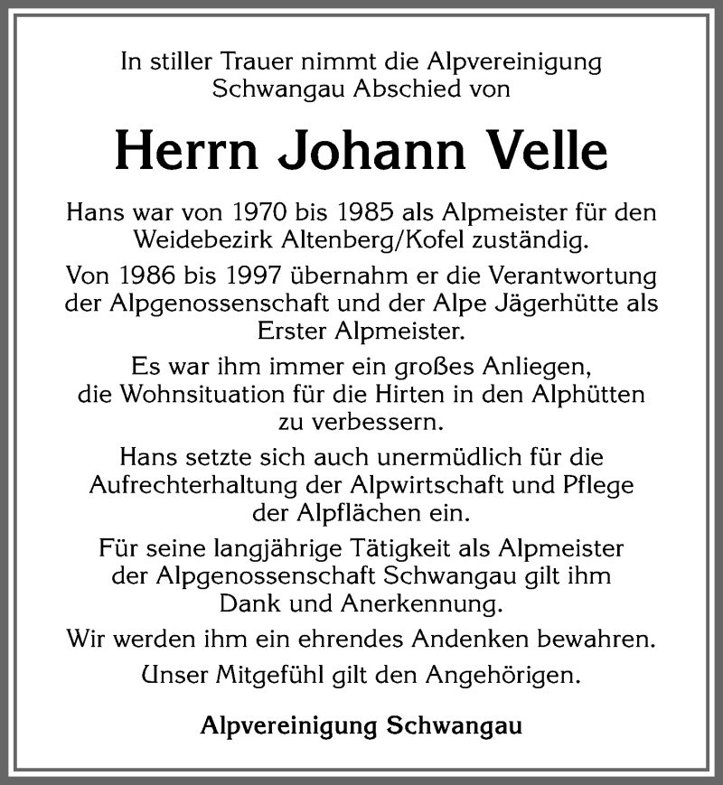 Traueranzeige von Johann Velle von Allgäuer Zeitung, Füssen