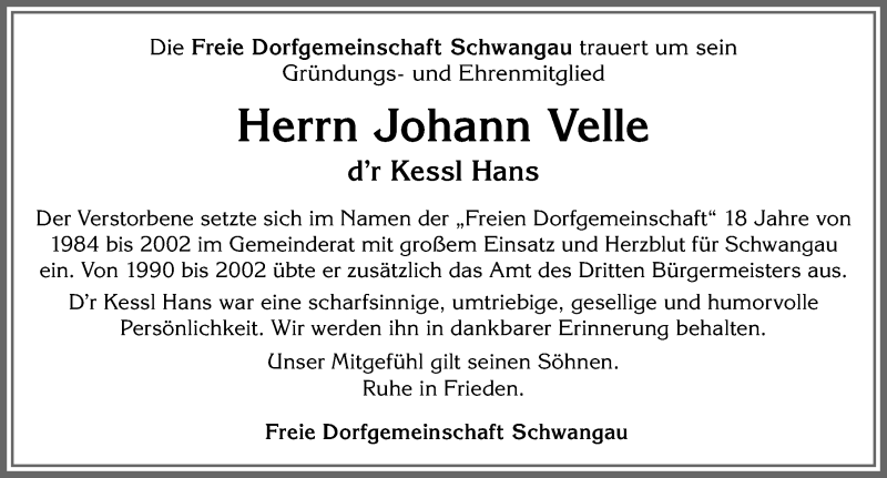 Traueranzeige von Johann Velle von Allgäuer Zeitung, Füssen