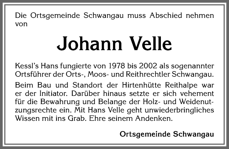 Traueranzeige von Johann Velle von Allgäuer Zeitung, Füssen