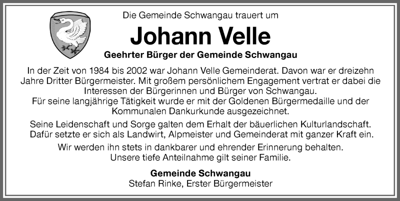 Traueranzeige von Johann Velle von Allgäuer Zeitung, Füssen