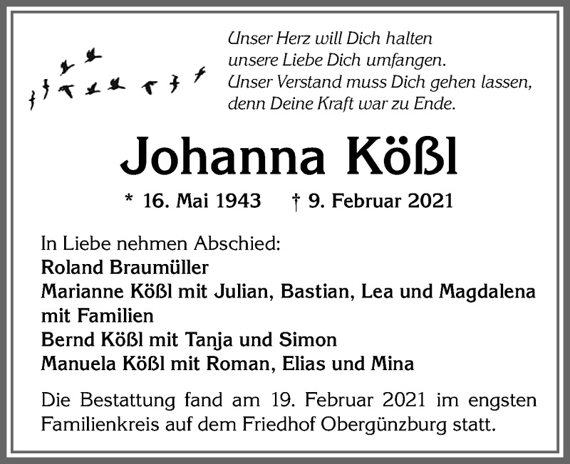 Traueranzeige von Johanna Kößl von Allgäuer Zeitung, Marktoberdorf