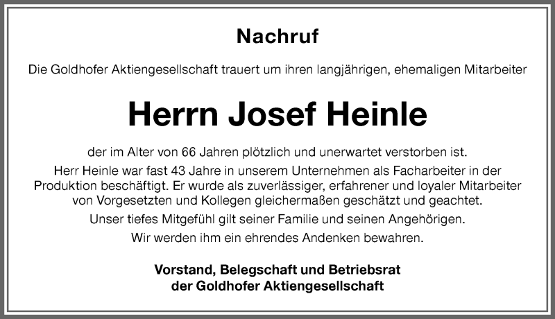 Traueranzeige von Josef Heinle von Memminger Zeitung