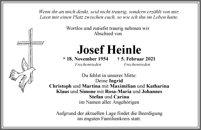 Traueranzeige von Josef Heinle von Memminger Zeitung