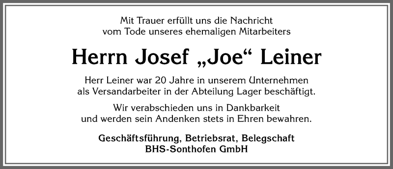 Traueranzeige von Josef Leiner von Allgäuer Anzeigeblatt