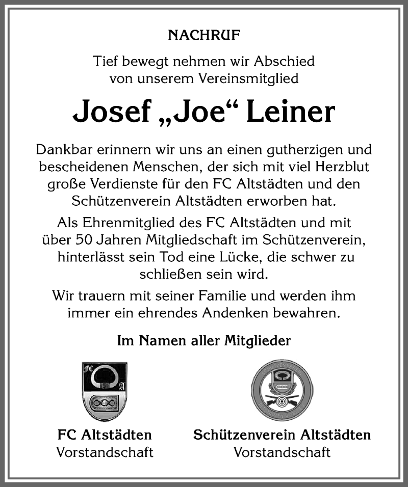 Traueranzeige von Josef Leiner von Allgäuer Anzeigeblatt