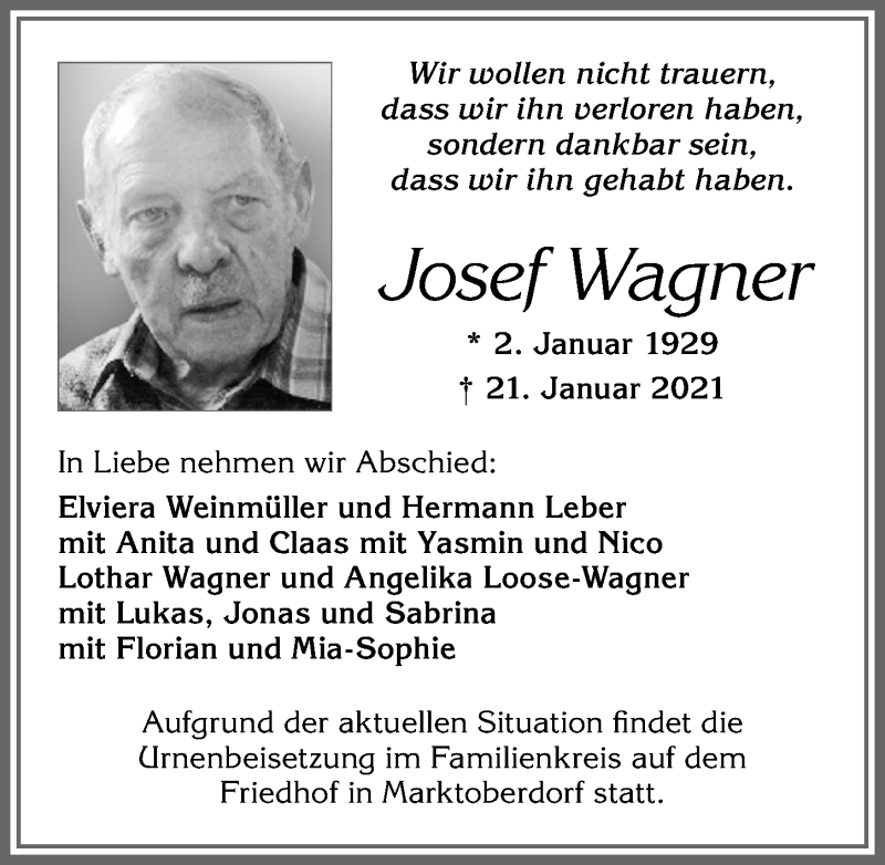 Traueranzeige von Josef Wagner von Allgäuer Zeitung, Marktoberdorf
