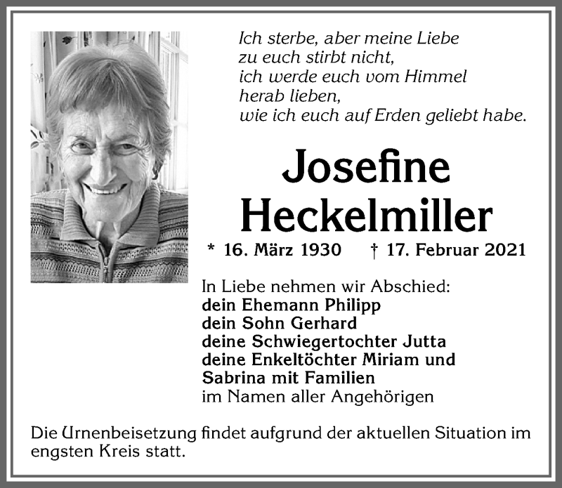 Traueranzeige von Josefine Heckelmiller von Allgäuer Zeitung,Kempten