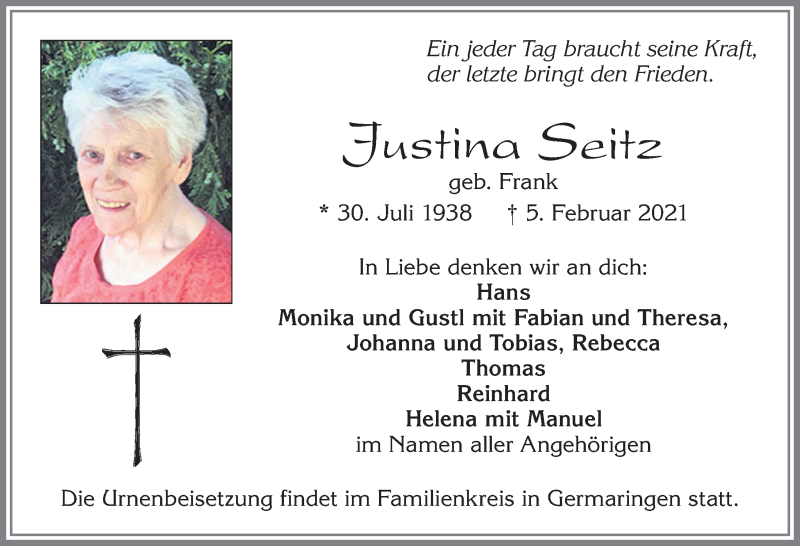 Traueranzeige von Justina Seitz von Allgäuer Zeitung, Kaufbeuren/Buchloe