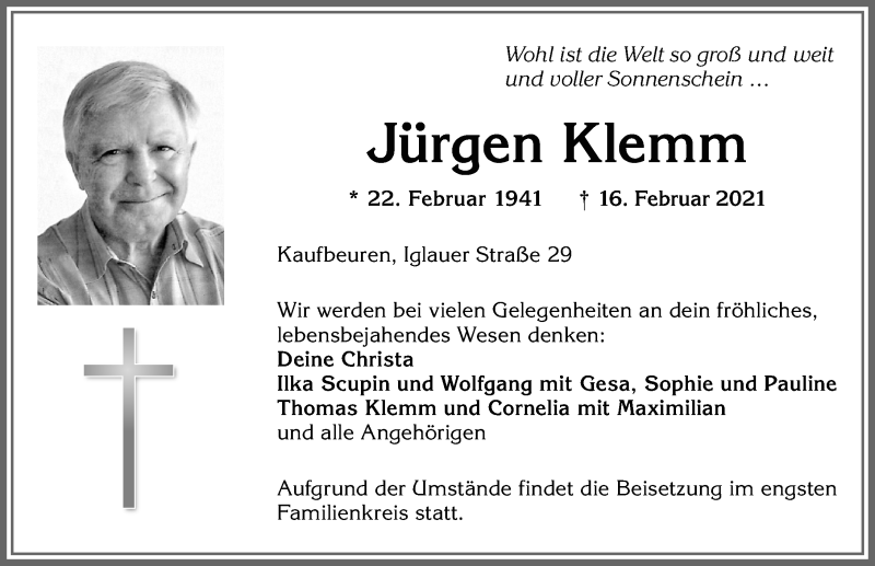 Traueranzeige von Jürgen Klemm von Allgäuer Zeitung, Kaufbeuren/Buchloe