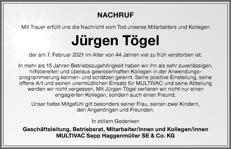 Traueranzeige von Jürgen Tögel von Allgäuer Zeitung