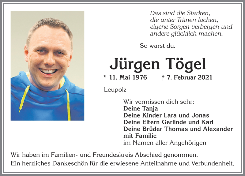 Traueranzeige von Jürgen Tögel von Allgäuer Zeitung,Kempten