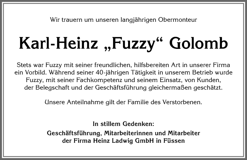 Traueranzeige von Karl-Heinz Golomb von Allgäuer Zeitung, Füssen