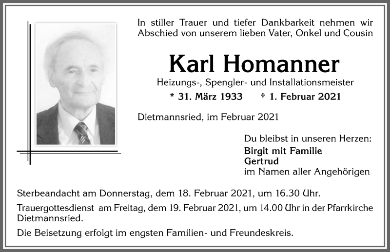 Traueranzeige von Karl Homanner von Allgäuer Zeitung,Kempten