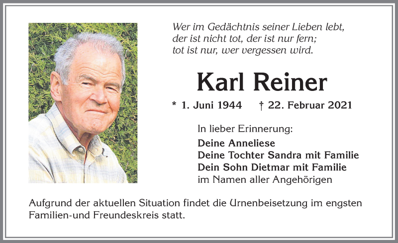 Traueranzeige von Karl Reiner von Allgäuer Zeitung,Kempten