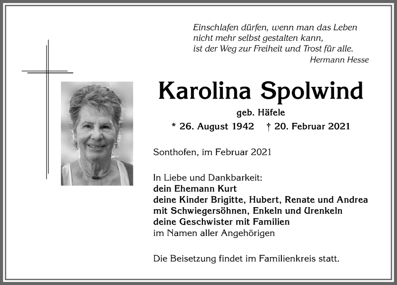 Traueranzeige von Karolina Spolwind von Allgäuer Anzeigeblatt