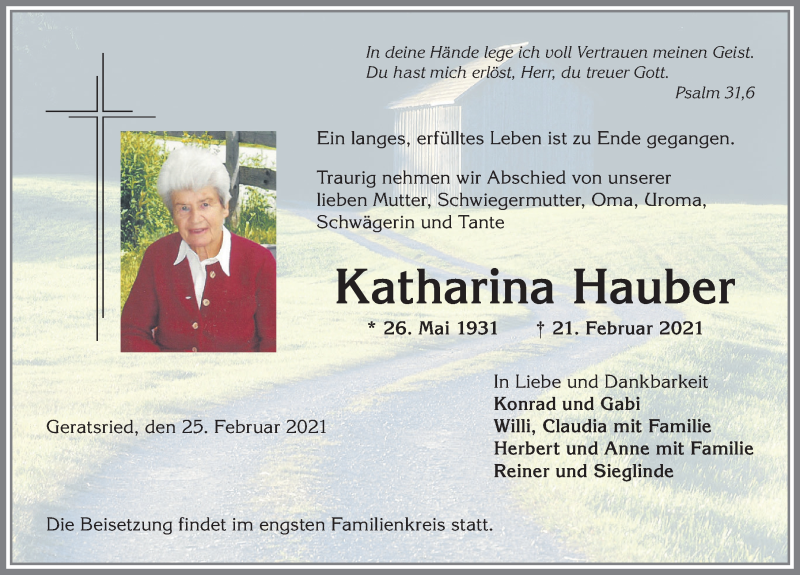 Traueranzeige von Katharina Hauber von Allgäuer Anzeigeblatt