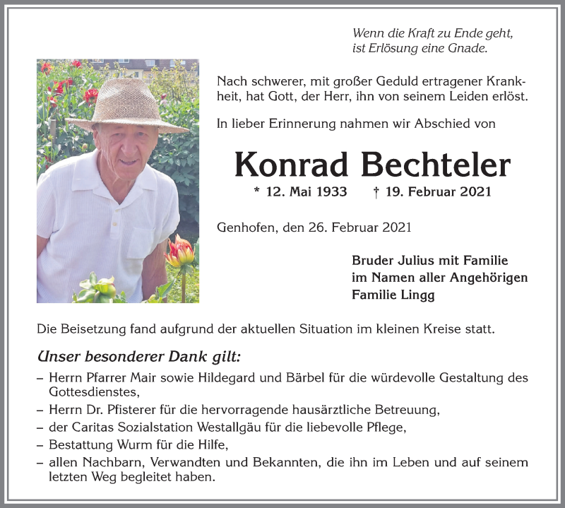 Traueranzeige von Konrad Bechteler von Allgäuer Zeitung