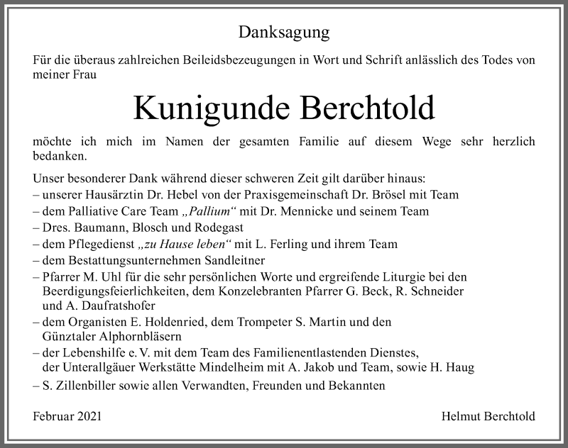 Traueranzeige von Kunigunde Berchtold von Allgäuer Zeitung