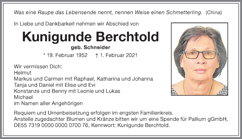 Traueranzeige von Kunigunde Berchtold von Allgäuer Zeitung