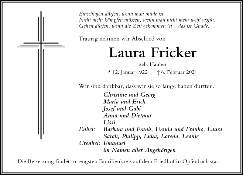 Traueranzeige von Laura Fricker von Der Westallgäuer