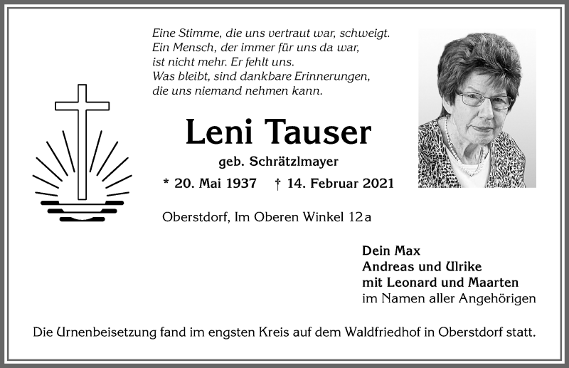 Traueranzeige von Leni Tauser von Allgäuer Anzeigeblatt