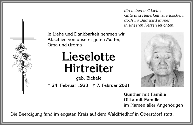 Traueranzeige von Lieselotte Hirtreiter von Allgäuer Anzeigeblatt