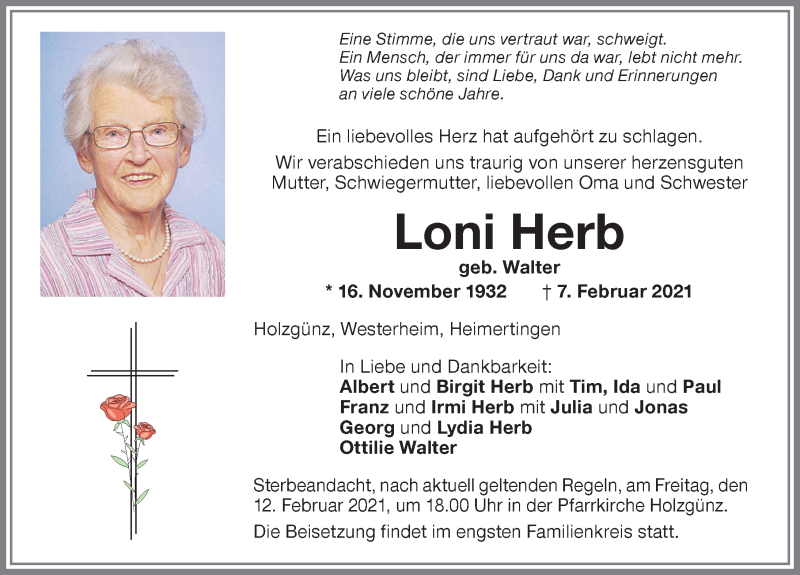 Traueranzeige von Loni Herb von Memminger Zeitung