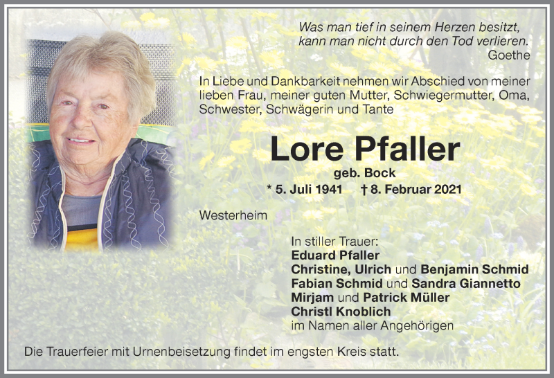 Traueranzeige von Lore Pfaller von Memminger Zeitung