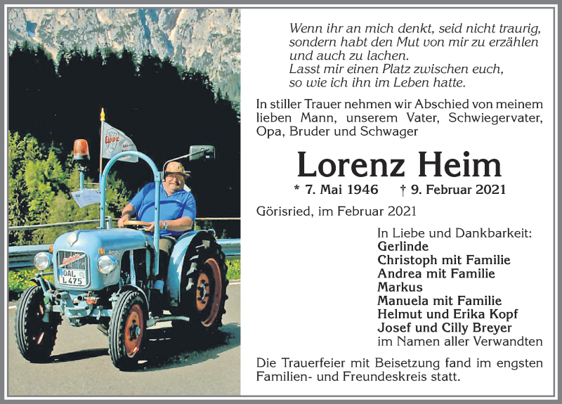 Traueranzeige von Lorenz Heim von Allgäuer Zeitung, Marktoberdorf