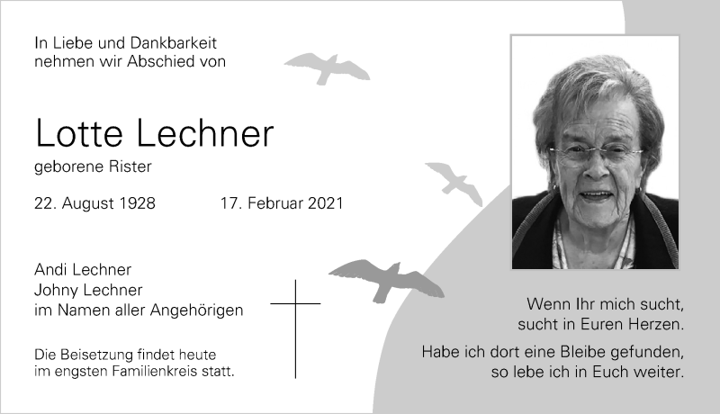 Traueranzeige von Lotte Lechner von Allgäuer Zeitung,Kempten