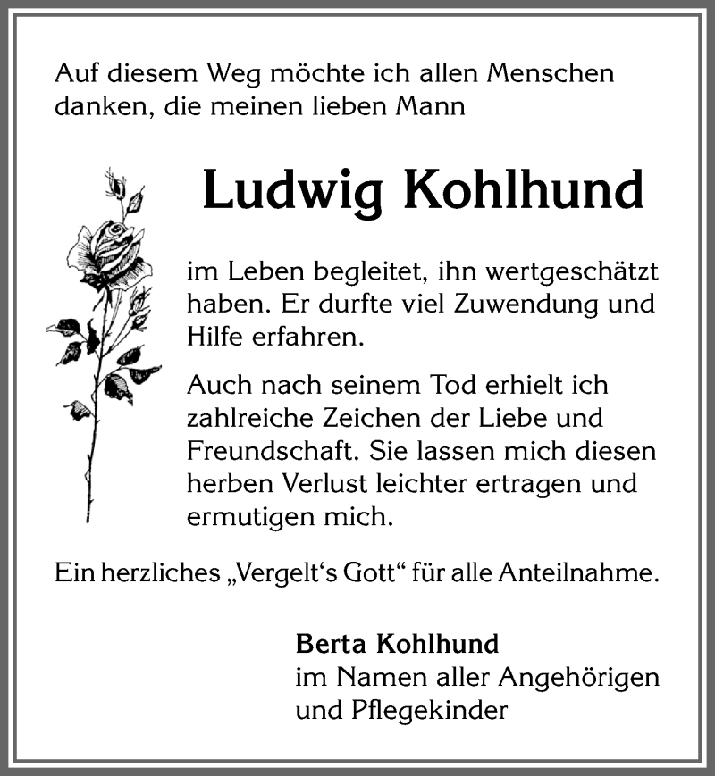 Traueranzeige von Ludwig Kohlhund von Allgäuer Zeitung,Kempten