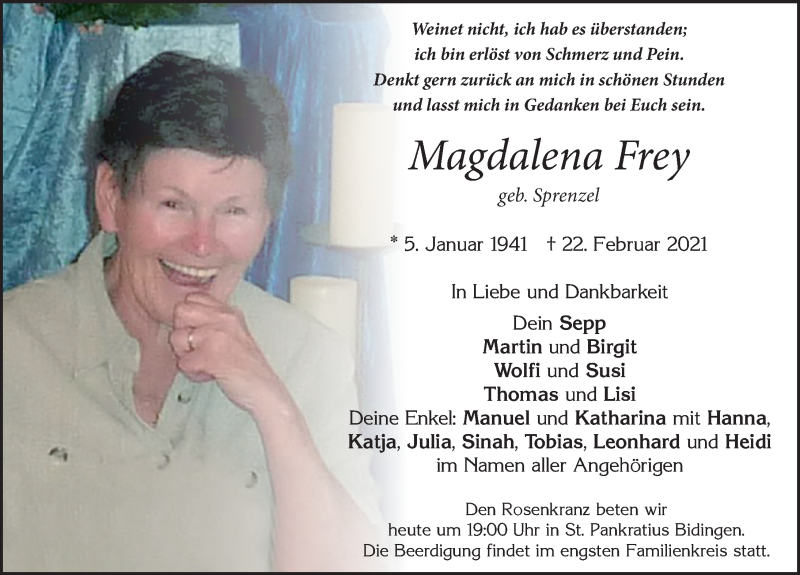 Traueranzeige von Magdalena Frey von Allgäuer Zeitung, Marktoberdorf