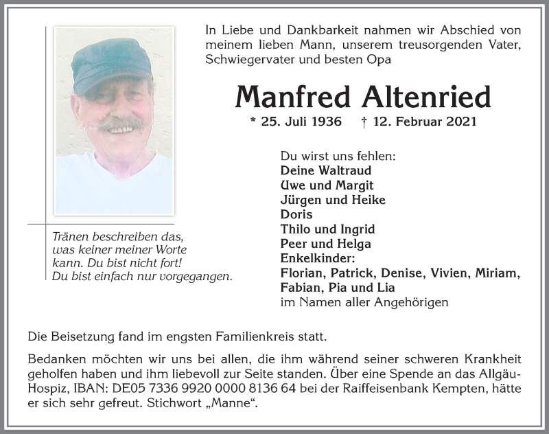 Traueranzeige von Manfred Altenried von Allgäuer Zeitung,Kempten