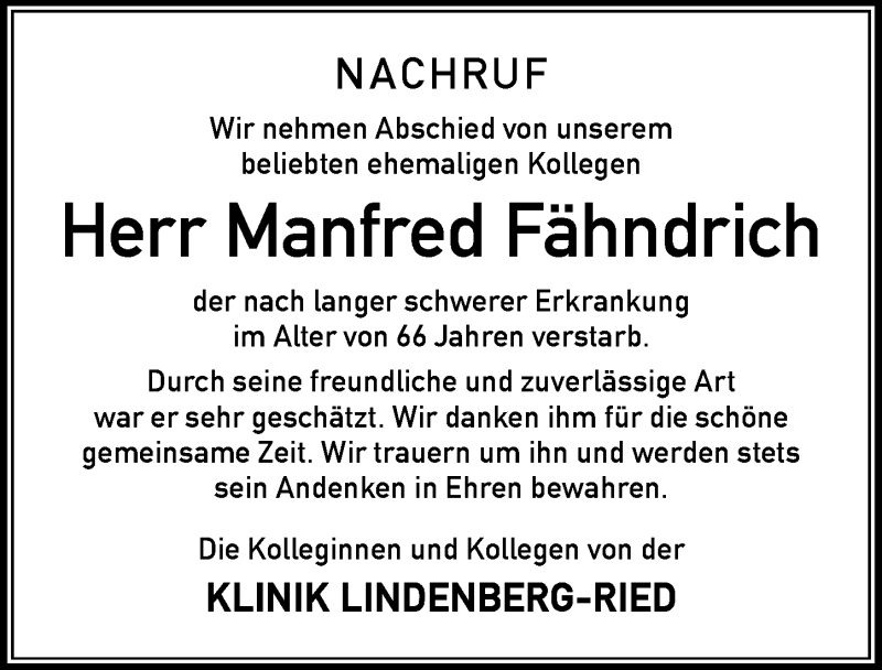 Traueranzeige von Manfred Fähndrich von Der Westallgäuer