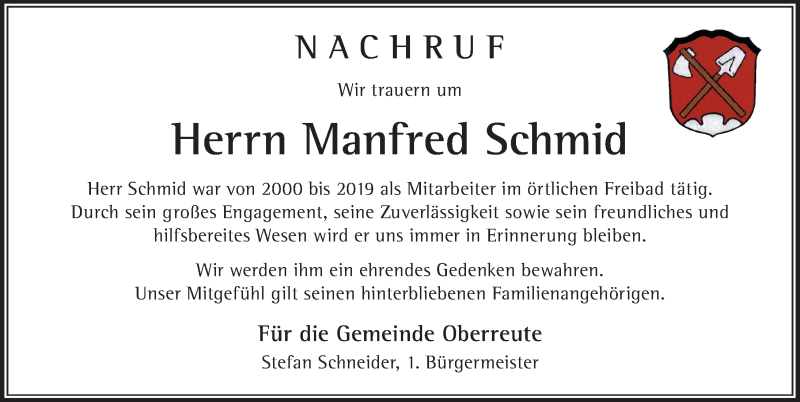 Traueranzeige von Manfred Schmid von Der Westallgäuer