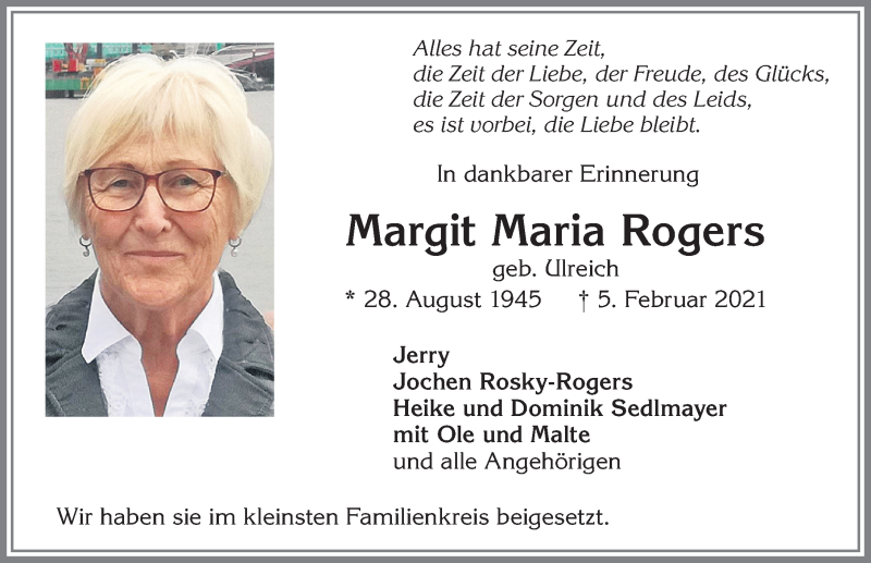 Traueranzeige von Margit Maria Rogers von Allgäuer Anzeigeblatt