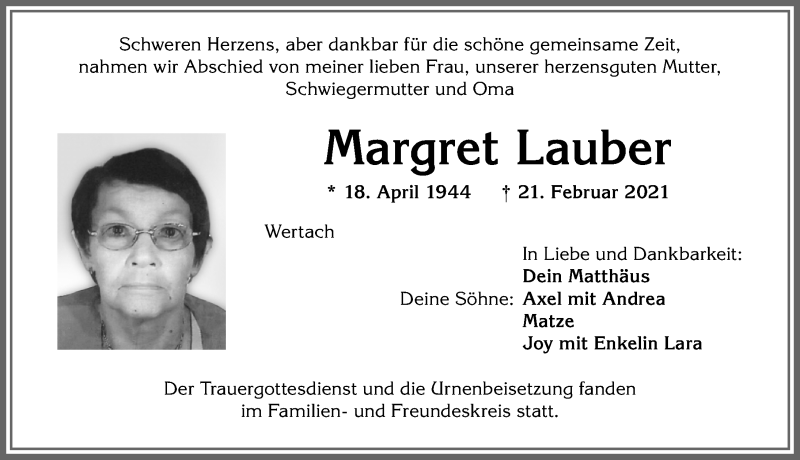 Traueranzeige von Margret Lauber von Allgäuer Anzeigeblatt