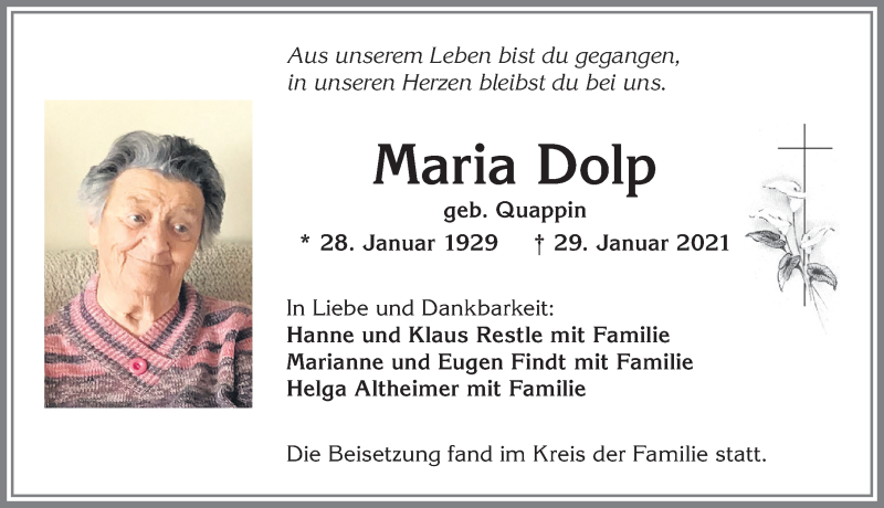 Traueranzeige von Maria Dolp von Allgäuer Zeitung, Kaufbeuren/Buchloe