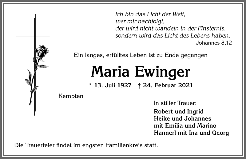 Traueranzeige von Maria Ewinger von Allgäuer Zeitung,Kempten