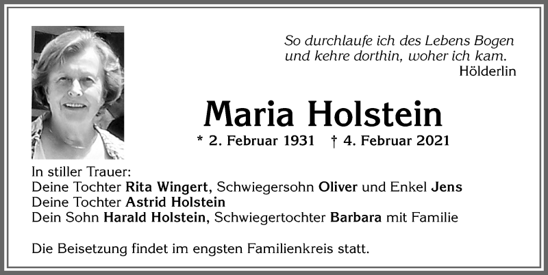 Traueranzeige von Maria Holstein von Allgäuer Zeitung,Kempten