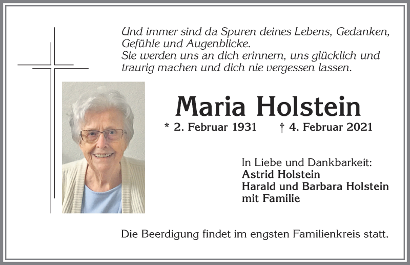 Traueranzeige von Maria Holstein von Allgäuer Zeitung,Kempten