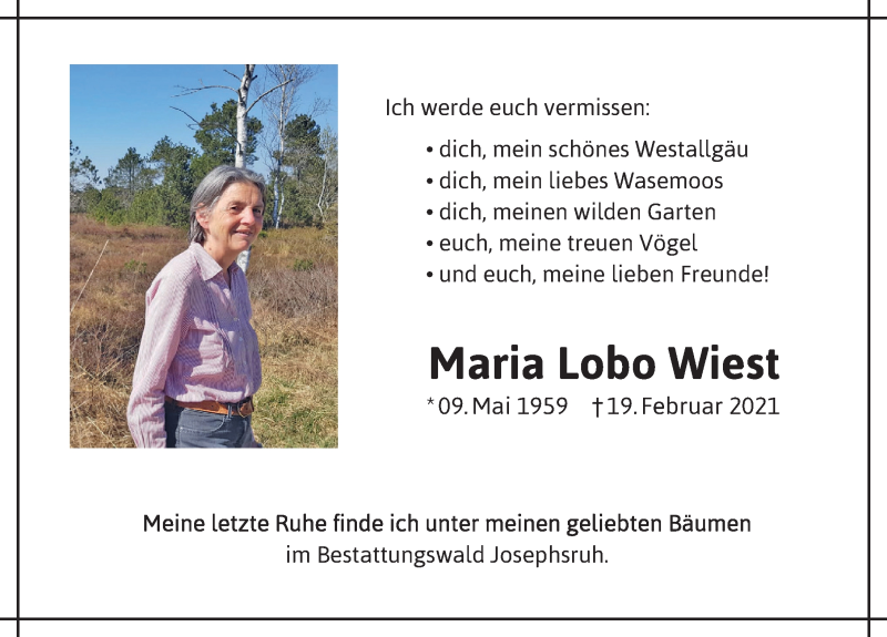 Traueranzeige von Maria Lobo Wiest von Der Westallgäuer