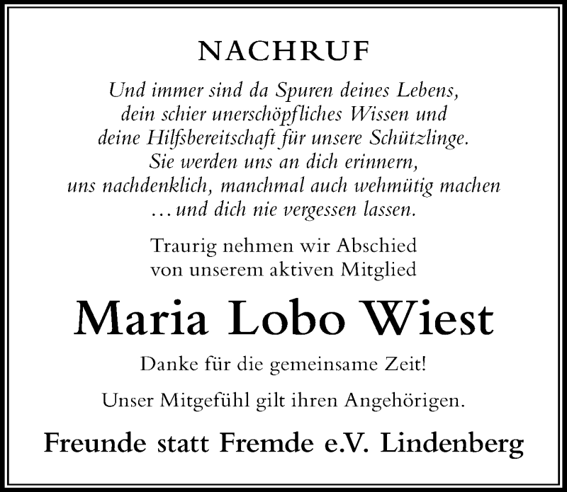 Traueranzeige von Maria Lobo Wiest von Der Westallgäuer