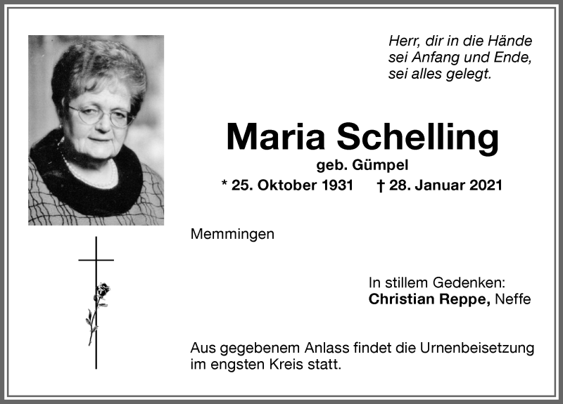 Traueranzeige von Maria Schelling von Memminger Zeitung