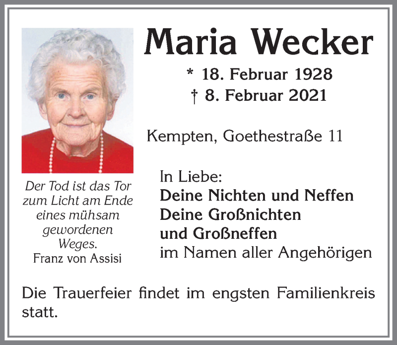 Traueranzeige von Maria Wecker von Allgäuer Zeitung,Kempten